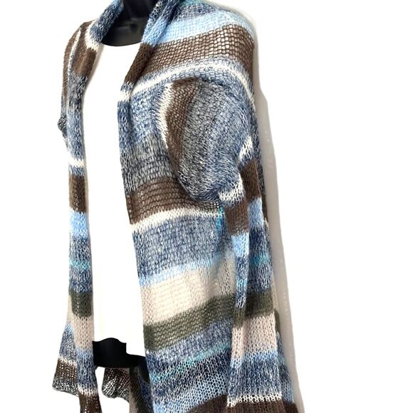 2 ii Sisters Open Front Striped Open Knit Cardigan Blue Brown Size Small Medium - Picture 2 of 8